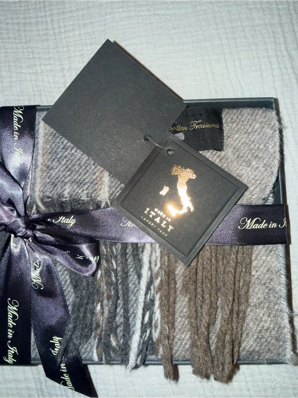 Italian Woollen Treasures Scarf 100% Wool Made in Italy Black Gray Men's Scarf